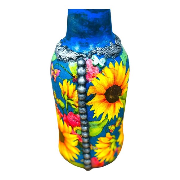 Hand Painted, Decoupaged and Molded Clay Grolsch-Style Bottle Poppy & Sunflowers - Picture 12 of 16